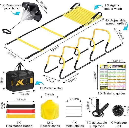 Agility Speed Training Equipment Set - 20ft Speed Ladder, 12 Cones, 4 Adjustable Hurdles, Jump Rope, Parachute, 3 Resistance Bands | Ideal for Football for Kids, Youth, Adults