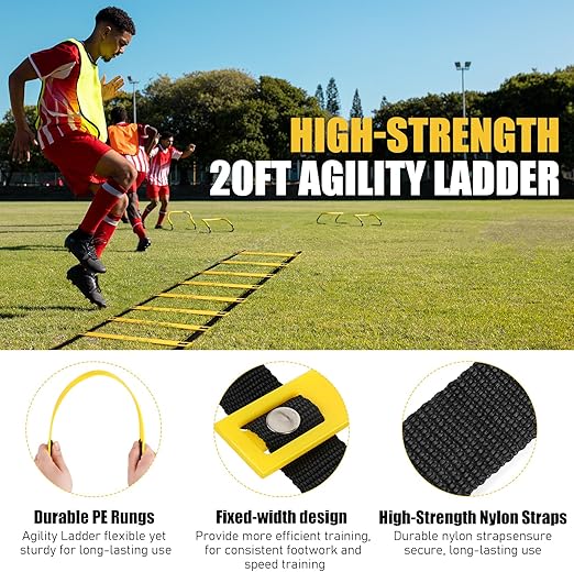 Agility Speed Training Equipment Set - 20ft Speed Ladder, 12 Cones, 4 Adjustable Hurdles, Jump Rope, Parachute, 3 Resistance Bands | Ideal for Football for Kids, Youth, Adults